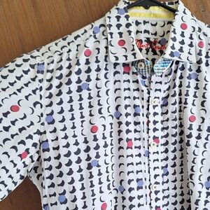 Robert Graham Button Up Shirt Men Medium White Multicolor Geometric Short Sleeve